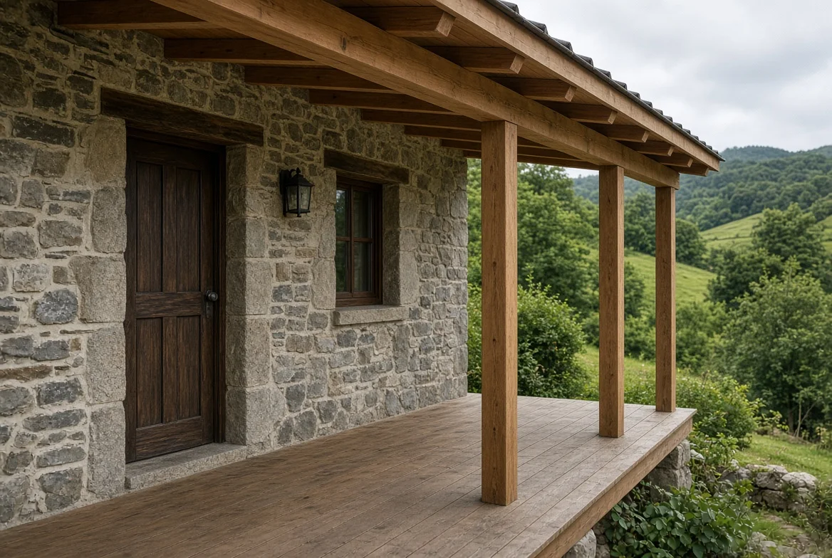 Porche de madera junto a una casa de piedra