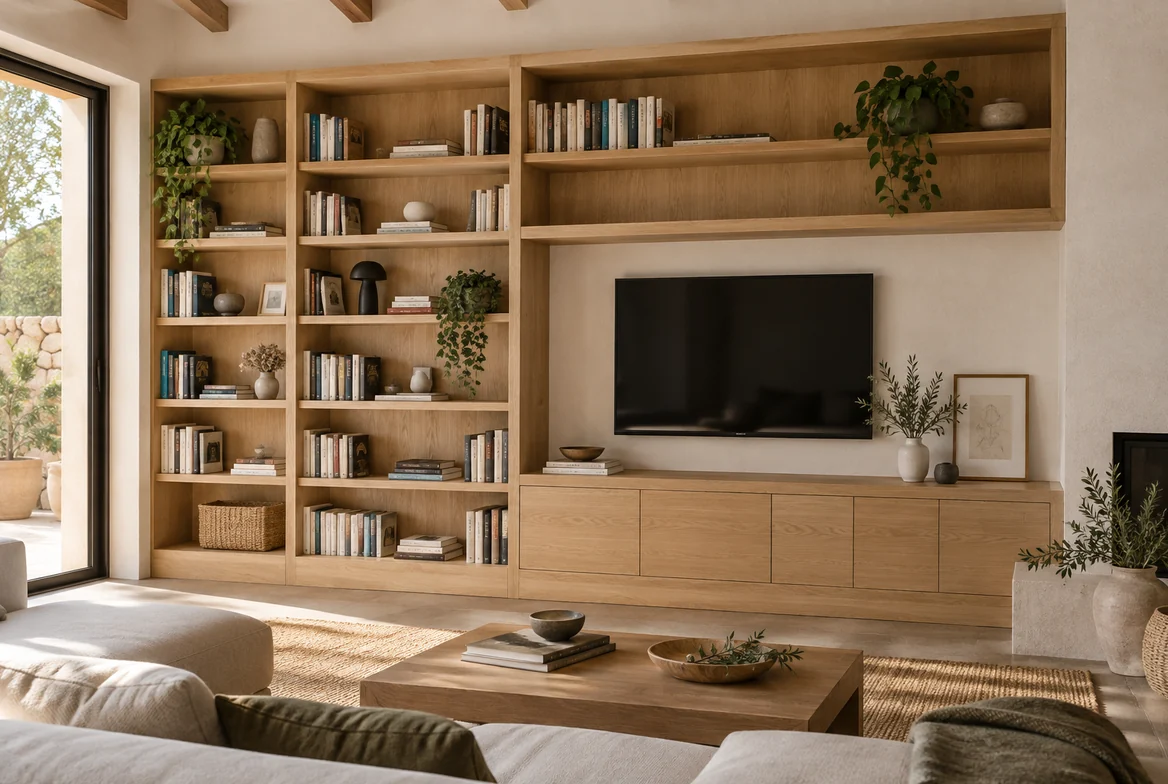 Salón con librería y mueble de televisión a medida en madera